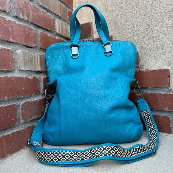 Charles Jourdan Leather Convertible Bag w/trendy guitar style strap in Aqua Blue - Picture 6 of 14